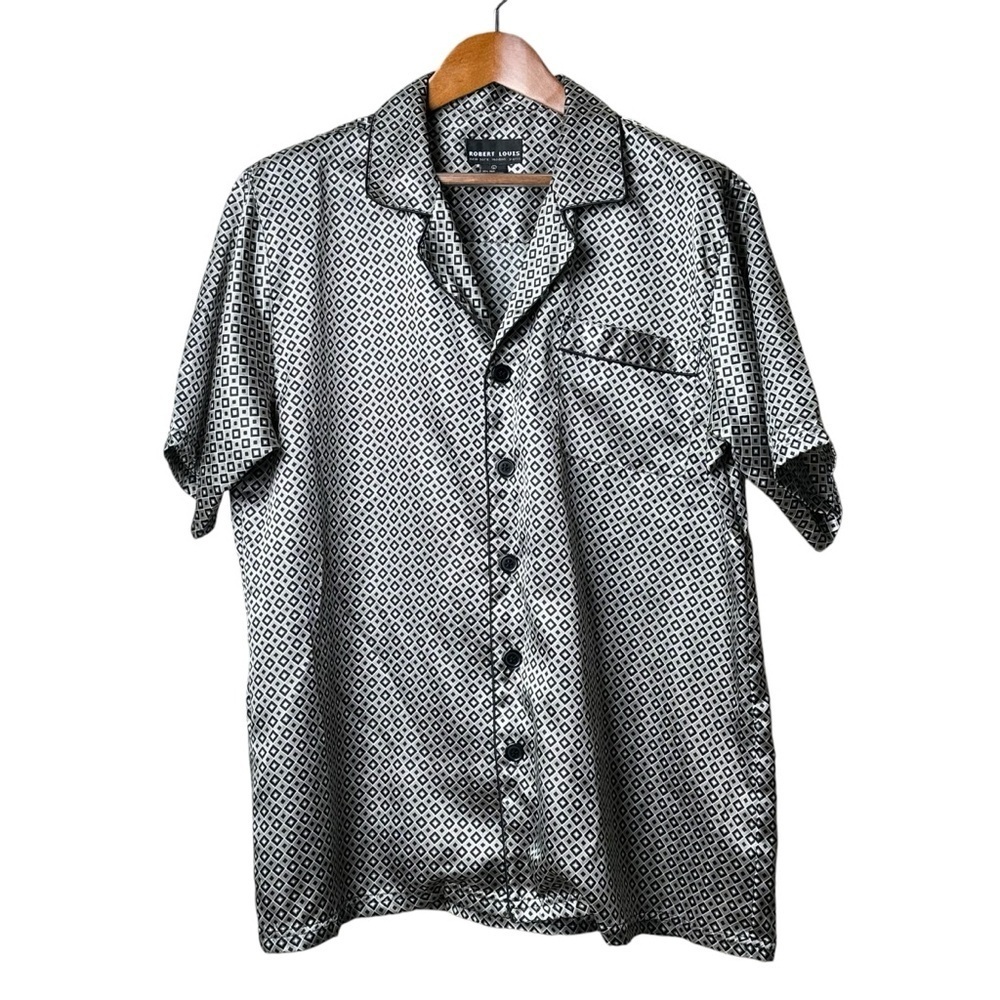 Vintage Robert Louis Large Silk Diamond Pattern Sleep Shirt Button Up Men's 90s